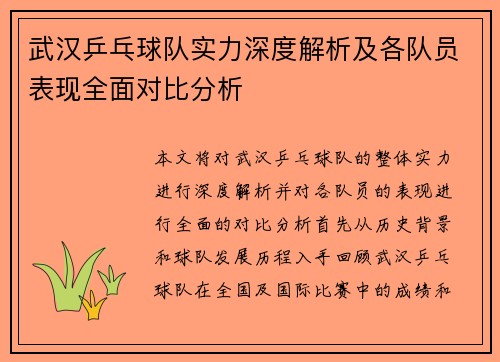 武汉乒乓球队实力深度解析及各队员表现全面对比分析
