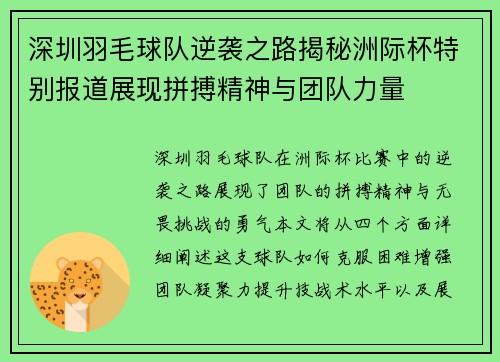 深圳羽毛球队逆袭之路揭秘洲际杯特别报道展现拼搏精神与团队力量